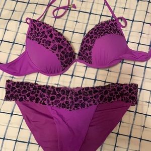 Pink small purple padded 2 piece bathing suit with cheetah print